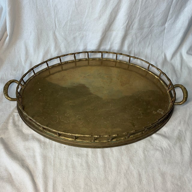 Brass Faux Bamboo Handled Serving Drinks Trays 1950s - Pair For Sale - Image 4 of 8
