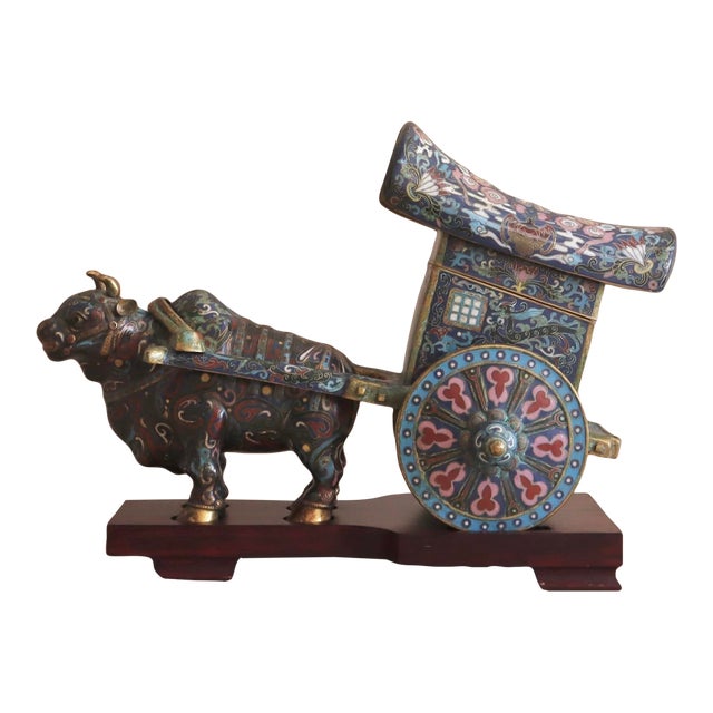 Early 1900s Antique Cloisonné Ox Pulling Cart on Wood Stand For Sale