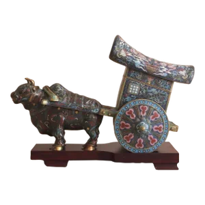 Early 1900s Antique Cloisonné Ox Pulling Cart on Wood Stand