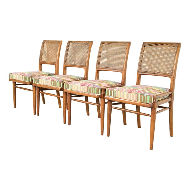 Robsjohn-Gibbings Style Mid-Century Modern Walnut and Cane Dining Chairs by Henredon, Set of Four For Sale