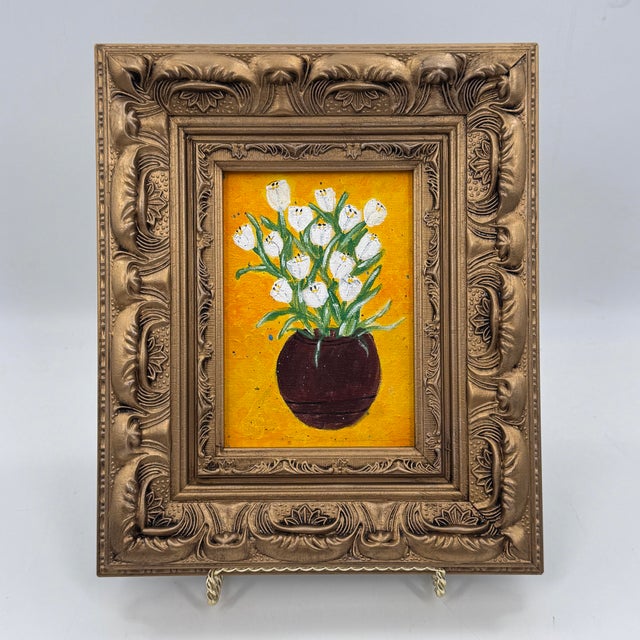 Original Floral Still Life Painting White Tulips in Gold Ornate Frame - Signed “Cathy” For Sale In Tampa - Image 6 of 10