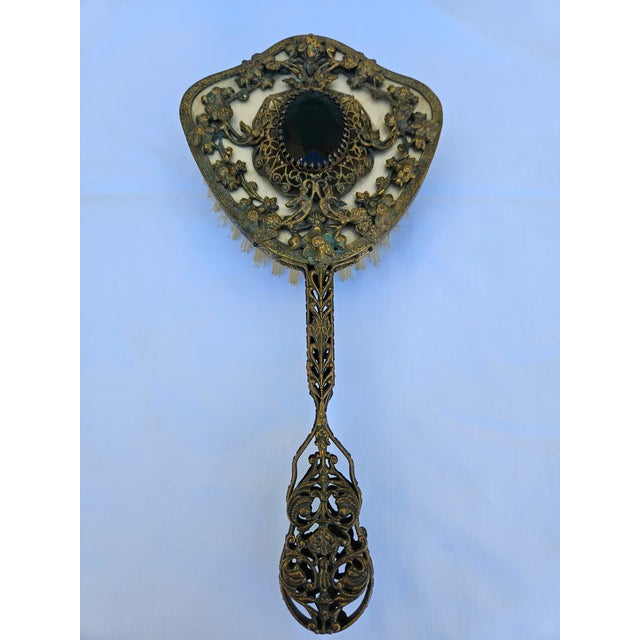 Venetian Brass Filigree Jeweled Mirror and Brush Set For Sale - Image 4 of 17