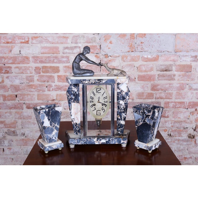 Art Deco Fireplace Clock in Marble, Bronze, and Glass, France, 1920s, Set of 3 For Sale - Image 17 of 18