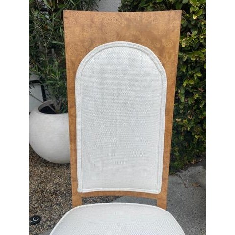 Set of six vintage dining chairs with burl wood frames and newly upholstered seats and backs. Tall back design with a...