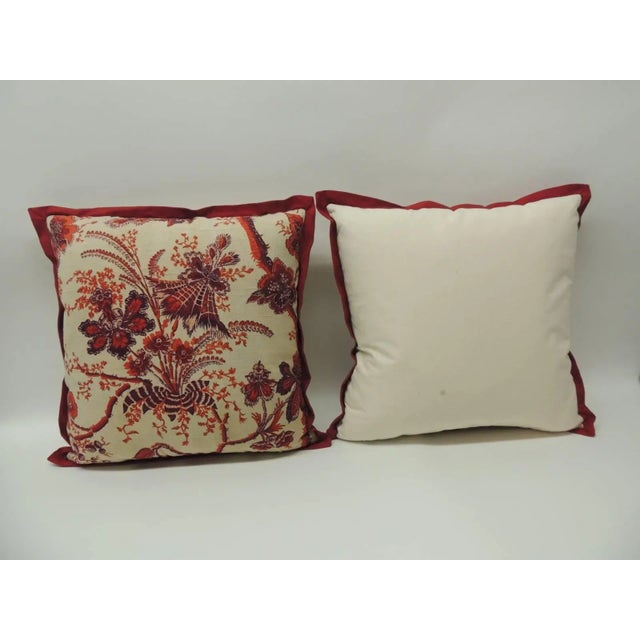 Vintage French Scarlet Red and Orange Printed Linen Decorative Pillows - A Pair For Sale - Image 4 of 7