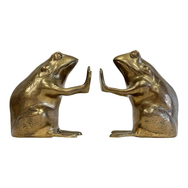 VIntage Solid Brass Frog Bookends For Sale