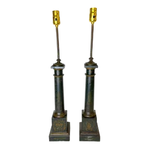 Early 20th Century French Neoclassical Toleware Column Lamps- a Pair