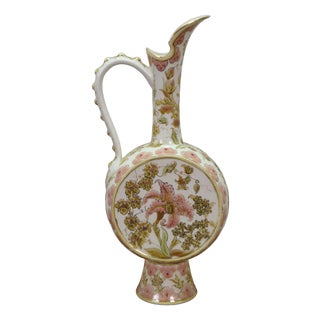 Antique 19th Century Hungarian Zsolnay Pecs Porcelain Faience Ewer Pitcher 16" For Sale