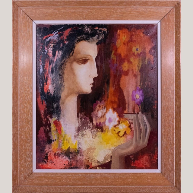 Lleo, Stylised Female Portraits, Mid-20th Century, Oil Paintings, Set of 2 For Sale - Image 9 of 14