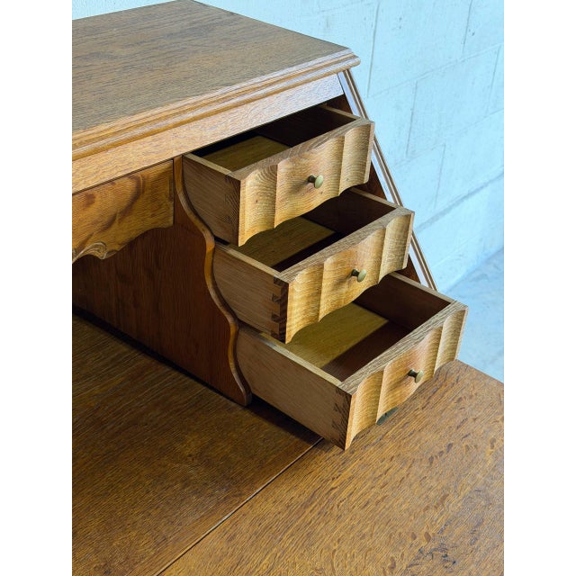 Mid-Century Modern Oak Slant-Front Bureau Writing Desk With Storage Mid-Century Modern 1970s For Sale - Image 3 of 11