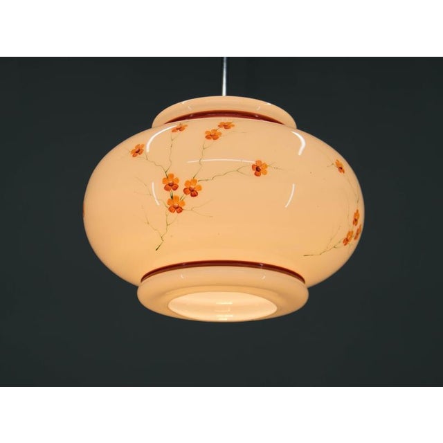 Glass Vintage Hand-Painted Milk Glass Pendant Light, 1970s For Sale - Image 7 of 9