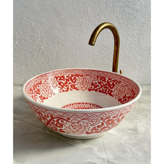 Pink Flower Handcrafted Vessel Basin Ceramic Modern Style, Moroccan Basin Sink Bowl with Brass Drain For Sale - Image 9 of 10