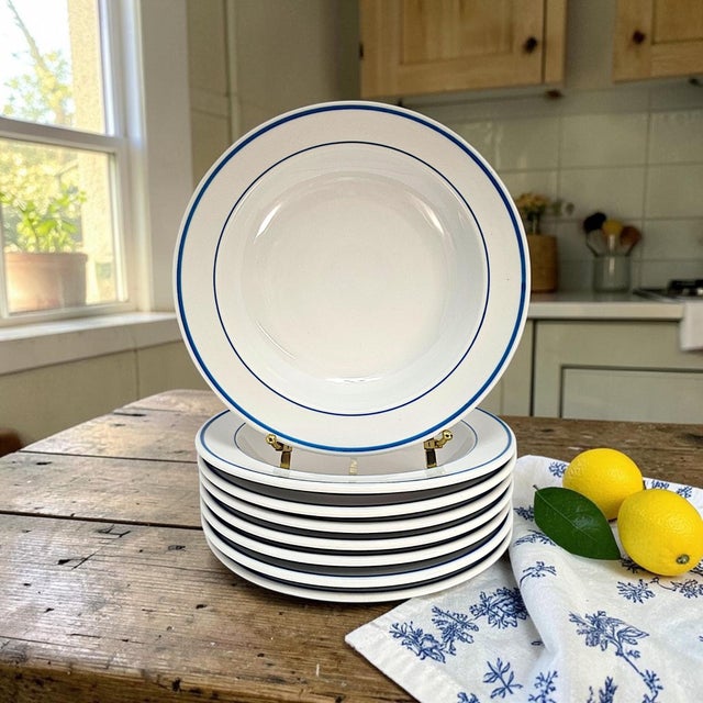 A matched set of eight vintage Alföldi Porcelán Blue Band ALF5 rimmed soup bowls, manufactured in Hungary and dating to...