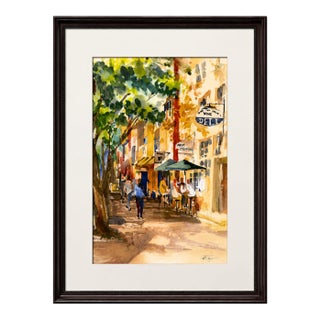 Late 20th Century Signed by Unidentified Artist - Street Café Scene, Watercolor on Paper For Sale