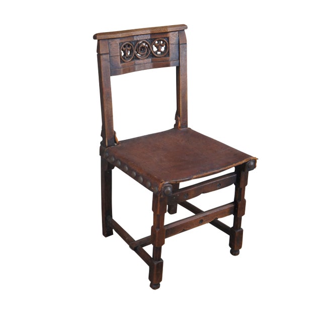 Spanish Revival Late 19th Century Antique Spanish Revival Quartersawn Oak Leather Nailhead Side Chair For Sale - Image 3 of 12