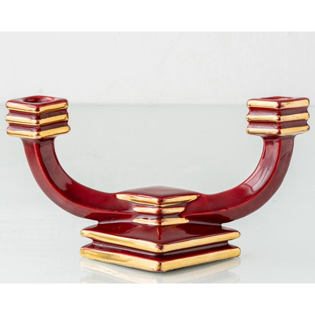 Art Deco Oxblood Burgundy Ceramic Double Candlestick, France, 1930s For Sale - Image 3 of 13