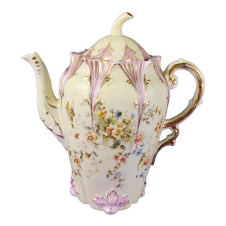 1930s Boho Chic Green and Purple Floral Teapot, Creamer, Milk Jug For Sale