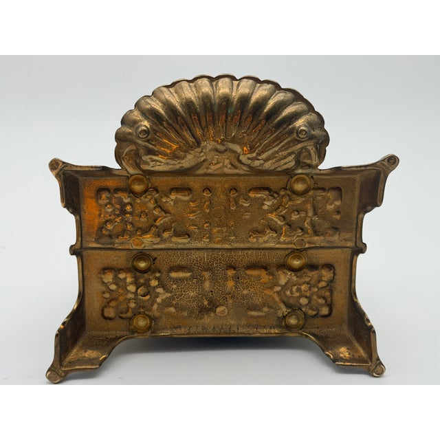 Antique Ornate Brass 2-Slot Desktop Letter Rack With Shell Dish Tray For Sale In New York - Image 6 of 8