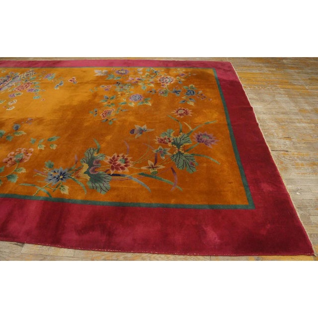 1920s Burnt Orange Floral Antique Chinese Art Deco Carpet 8'8'' X 11'4'' Knotted Pile Wool Rug For Sale - Image 11 of 12