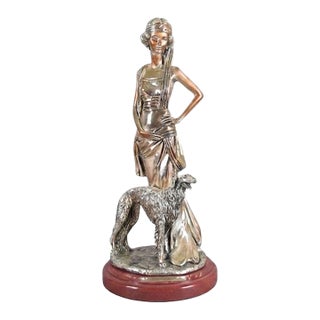 1920s Silver-Plated Art Deco Style Sculpture, Lady With Borzoi Dog For Sale