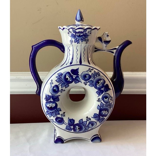 Rustic European Vintage Gzhel Porcelain Donut Teapot – Blue & White – 14½” Tall For Sale - Image 3 of 11