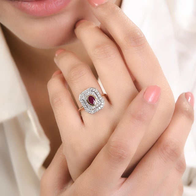 Art Deco Ruby Halo Diamond Ring in 14k Gold Size 5 For Sale In New York - Image 6 of 12