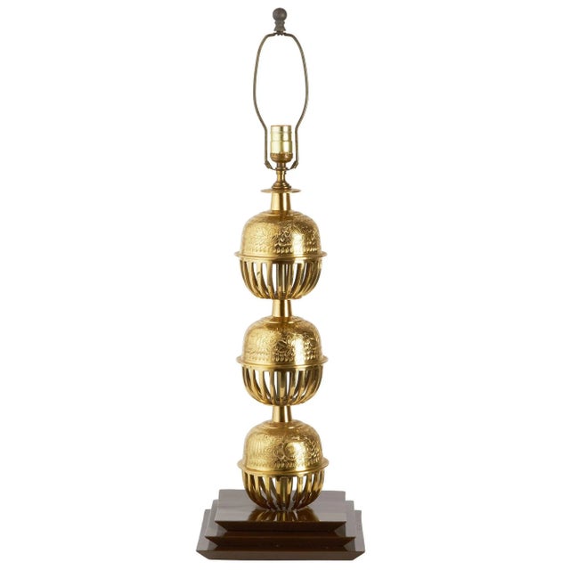 Extraordinary vintage asian modern chinoiserie brass lamp consisted of three stacked, etched, pierced brass incense...