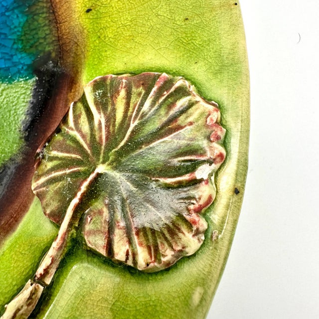 Early 21st Century Studio Pottery Butterflies & Leaves Majolica Decorative Plate Green & Blue For Sale In Houston - Image 6 of 8