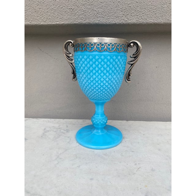 French Aqua Milk Glass Two-Handled Cup Circa 1890 For Sale - Image 4 of 5