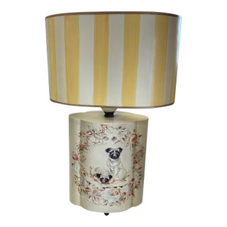 Vintage Toleware Pug Lamp With Hand Painted Striped Shade For Sale