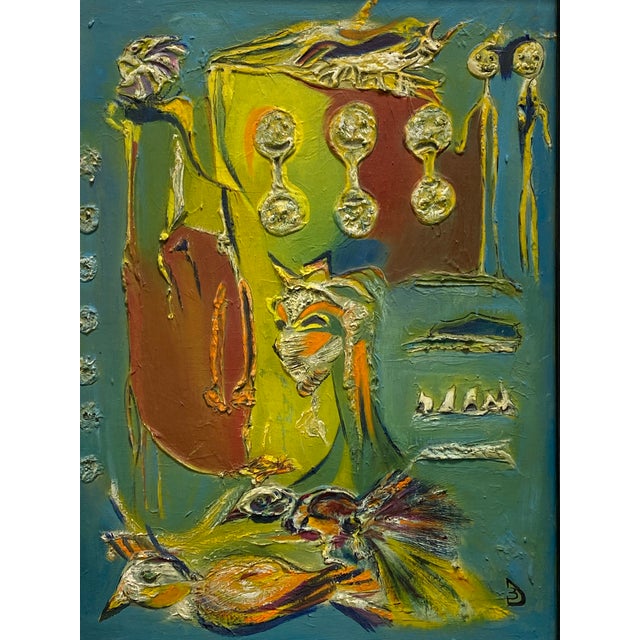 A delightful mid 20th century oil on board abstract expressionist painting entitled, “Woman With Birds.” Heavy impasto...