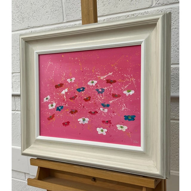 Angela Wakefield Abstract White & Turquoise Flowers on Pink Background by Contemporary Artist, 2023 For Sale - Image 4 of 12