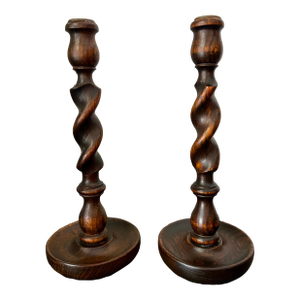 Vintage English Oak Barley Twist Candlesticks – Pair of Antique Wooden Candle Holders