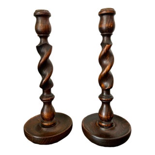 Vintage Pair English Oak Barley Twist Candlesticks – Pair of Antique Wooden Candle Holders For Sale