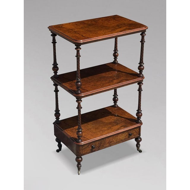 Fine Quality Victorian Burr Walnut Three Tier Whatnot Table An elegant late 19th-century Victorian three tier burr walnut...