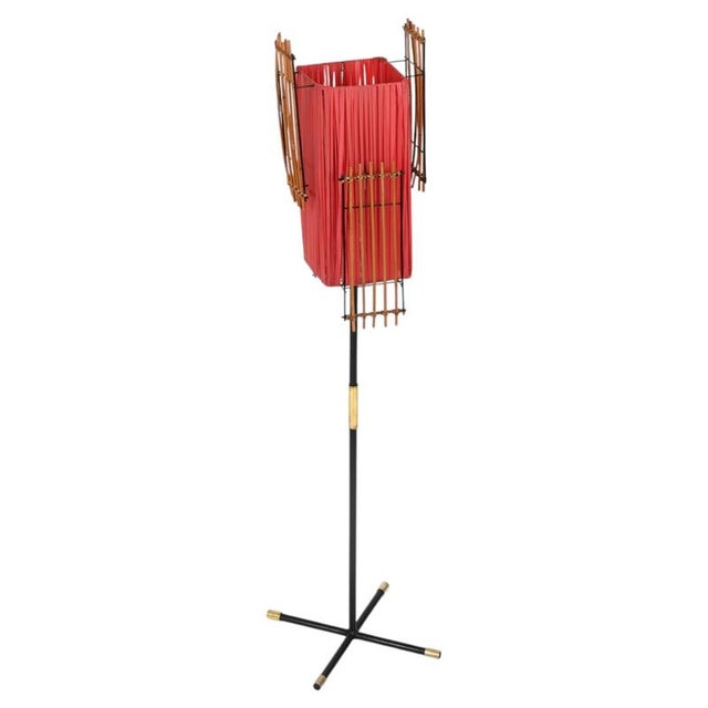 Italian Floor Lamp in Metal, Rattan, Brass and Red Acrylic attributed to Dal Vera, 1950s For Sale - Image 17 of 17