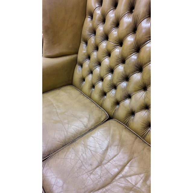 Mid 20th Century Vintage Olive Green Tufted Leather Wingback Settee With Nailhead Trim For Sale - Image 12 of 12