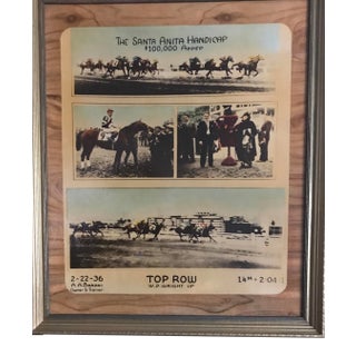 Vintage 1936 Framed Art of Santa Anita $100,000 Handicap Winner Top Row Ridden by D. Wright For Sale