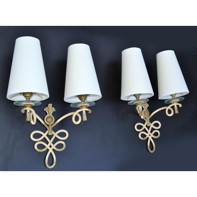 Art Deco French Wrought Iron & Round Glass Sconces Cone Shades, Wall Lights Art Deco 1950 For Sale - Image 3 of 13