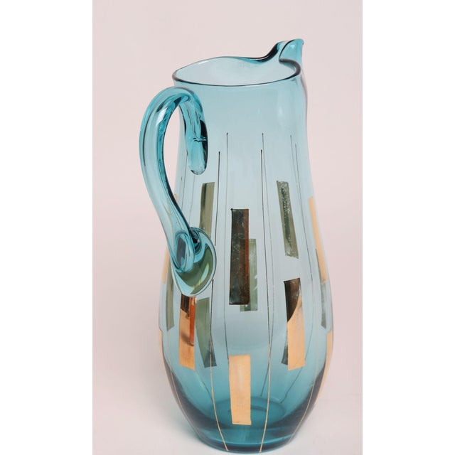 Vintage Hungarian Hand Blown Blue Crystal Glass Pitcher With Gold Leaf Accents For Sale - Image 4 of 15