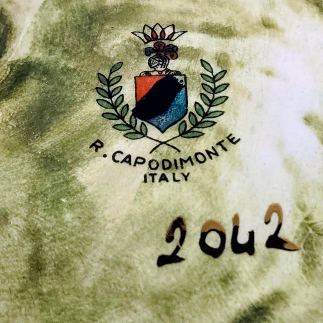 Vintage R. Capodimonte Italian Porcelain Covered Dish With Putti & Birds, Footed Green Gold Compote For Sale - Image 13 of 13