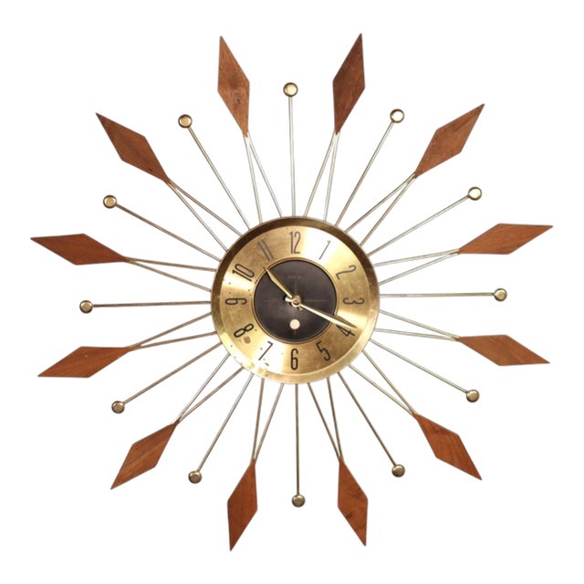 Vintage Mid Century Welby Wood Starbust Wall Clock 50's 60's Modern Retro Gold For Sale