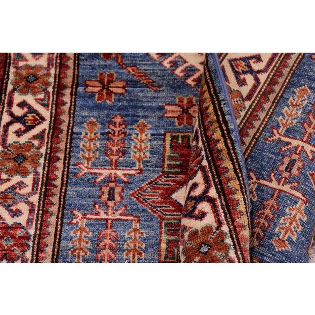 Textile Rustic Super Kazak Blue/Beige Wool Runner Rug- 2'8'' X 10'6'' For Sale - Image 7 of 10