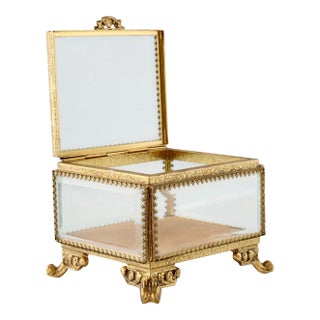 Hollywood Regency Ormolu Glass Jewelry Box For Sale
