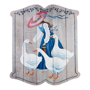 Late 20th Century Signed Joan Pinkus Folk Art Panel, Hand-Painted Geese Scene, Large Wall Piece