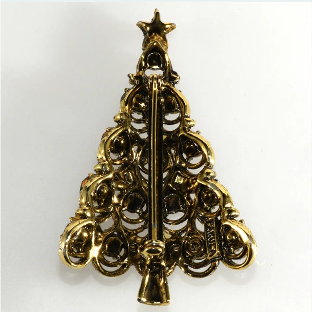 Abstract Vintage Pakula Candle Christmas Tree Pin Red & Green Rhinestones For Sale - Image 3 of 4