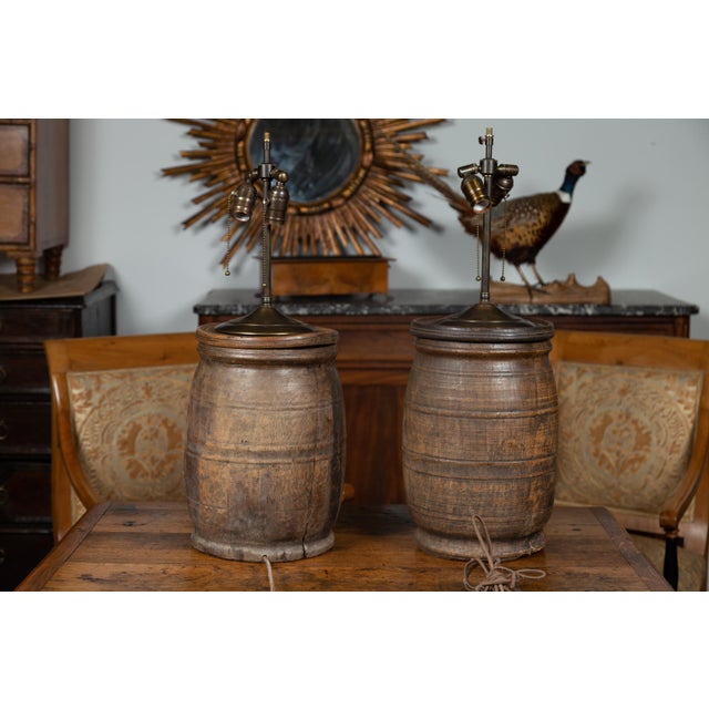 1880s English Wooden Barrels with Coat of Arms Made into Table Lamps - a Pair For Sale - Image 9 of 12