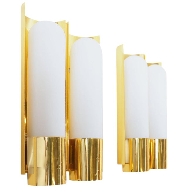 Double Wall Lights in Opaline Glass & Brass, 1970s, Germany, Set of 2 For Sale