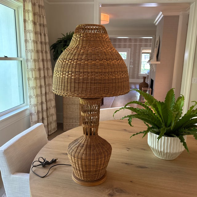 Monumental Vintage Wicker Table Lamp With Matching Dome Shaped Shade For Sale - Image 9 of 11