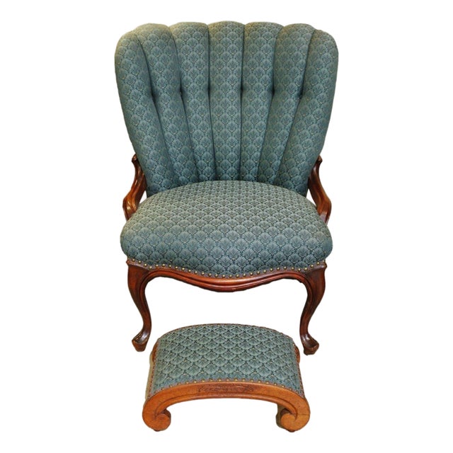 Late 20th Century Green Channelback Chair W/Footstool - Set For Sale